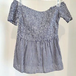 Old Navy Off the Shoulder Peplum Blouse Blue White Gingham Shirred Top Womens XS